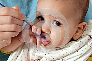 Portrait of little baby boy eating food. Baby with a spoon in feeding chair. Cute baby eating first meal