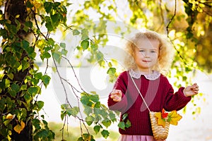 Portrait of a little blonde girl in a burgundy sweater near the foliage of a birch tree