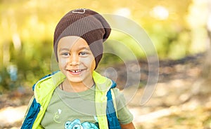 Portrait of little boy in autumn park photo