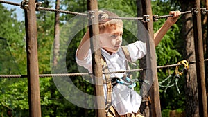 Portrait of little boy climbing over obstacles while having fun in rope adventure park. Active childhood, healthy lifestyle, kids