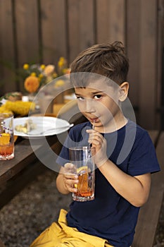 Portrait of little boy drinking juice in a glass, decorated with fruits, with straw at outdoor garden