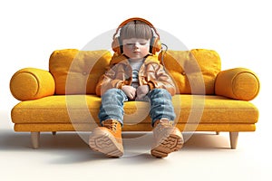 portrait of a little boy with headphones, sitting on the couch and listening to music. 3d illustration