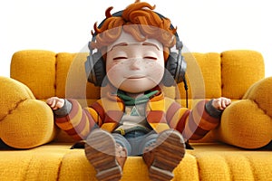 portrait of a little boy with headphones, sitting on the couch and listening to music. 3d illustration