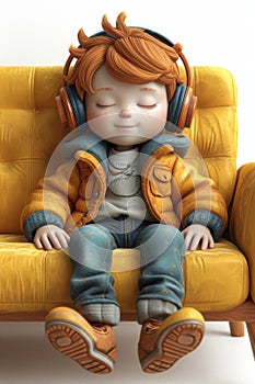 portrait of a little boy with headphones, sitting on the couch and listening to music. 3d illustration