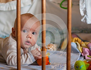 A portrait of a little boy lying in a crib playing