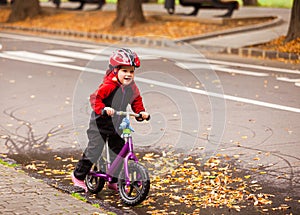 Portrait of a little boy siting on balance bike