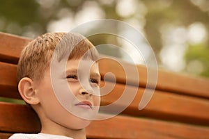 Portrait of a boy sitting on a bench in the park