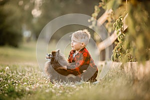 Portrait of a little boy with small dog in the park