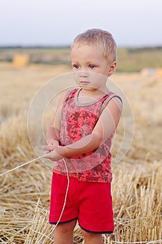 Portrait of little boy in a summer hat sitting on a haystack in a field of wheat