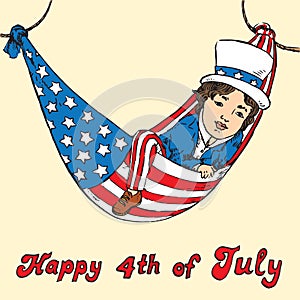 Portrait of little boy in Uncle Sam costume resting in hammock of the American flag, Happy 4th of July, card design