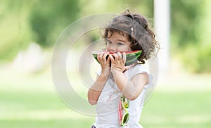 Portrait of little Caucasian cute girl holding sliced watermelon and enjoy eating or biting fresh fruit while picnic at park.