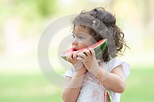 Portrait of little Caucasian cute girl holding sliced watermelon and enjoy eating or biting fresh fruit while picnic at park.