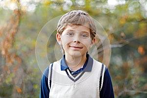 Portrait of little cool kid boy in forest. Happy healthy child having fun on warm sunny day early autumn. Family, nature