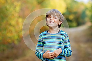 Portrait of little cool kid boy in forest. Happy healthy child having fun on warm sunny day early autumn. Family, nature