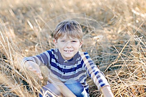 Portrait of little cool kid boy in high dry grass. Happy healthy child having fun on warm sunny day early autumn. Family