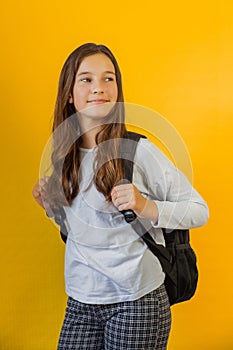 Portrait of little cute girl schoolgirl with backpack