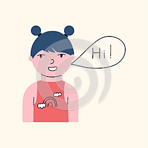 Portrait of a little cute girl who greets. Vector hand drawn illustration