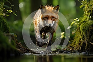 Portrait of little Fox hiding or lurking in the forest hunting for preys, animals wildlife concept, Animal in the jungle,