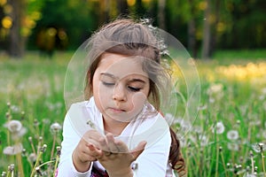 Portrait of  little Girl is blowing dandelion flower in summer park. Happy cute child having fun outdoors