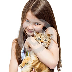 Portrait of a little girl with a cat. Child and Pet