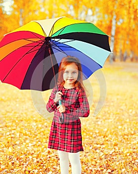 Portrait of little girl child with colorful umbrella in sunny autumn park