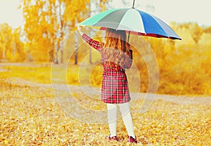 Portrait of little girl child with colorful umbrella in sunny autumn park