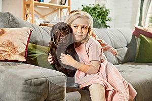 Portrait of little girl, child playing, hugging purebred dog, brown labrador at home. Having fun