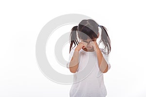 Portrait of little girl crying.on white background