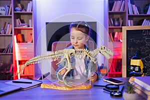 Portrait of little girl sitting at table and examine skeleton of dinosaur