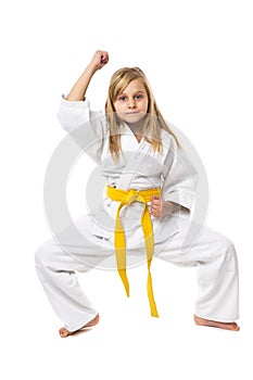 Portrait of little girl training ashihara martial art