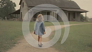 portrait of a little girl walking to a lonely house, lonely road, lost in thought, back side