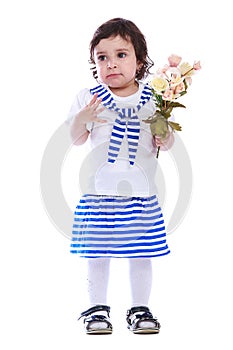 Portrait of little girl white t-shirt striped skirt