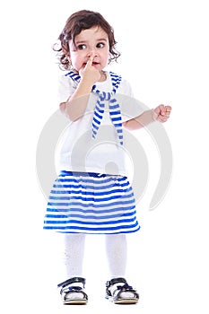 Portrait of little girl white t-shirt striped skirt