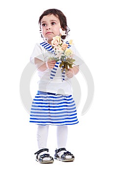 Portrait of little girl white t-shirt striped skirt