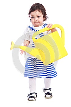 Portrait of little girl white t-shirt striped skirt