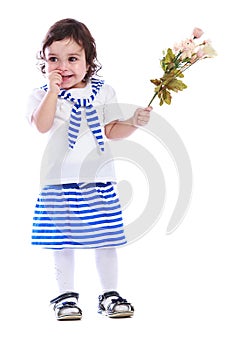 Portrait of little girl white t-shirt striped skirt