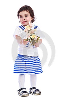 Portrait of little girl white t-shirt striped skirt