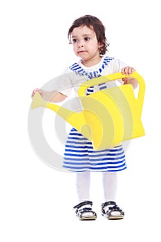 Portrait of little girl white t-shirt striped skirt