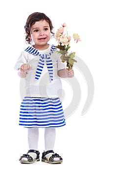 Portrait of little girl white t-shirt striped skirt