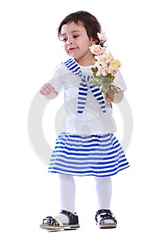 Portrait of little girl white t-shirt striped skirt