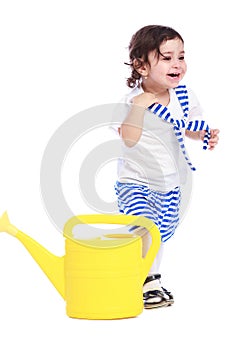 Portrait of little girl white t-shirt striped skirt