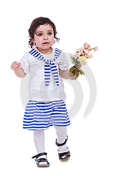 Portrait of little girl white t-shirt striped skirt