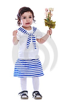 Portrait of little girl white t-shirt striped skirt