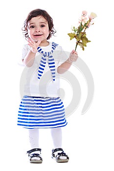 Portrait of little girl white t-shirt striped skirt