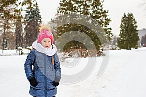 Portrait of little happy girl in the snow sunny