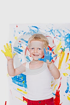 Portrait of a little messy kid painter. School. Preschool. Education. Creativity