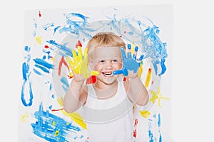 Portrait of a little messy kid painter. School. Preschool. Education. Creativity