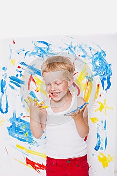 Portrait of a little messy kid painter. School. Preschool. Education. Creativity