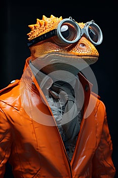 Portrait Lizard Anthropomorphic in orange colour suit. Generative AI