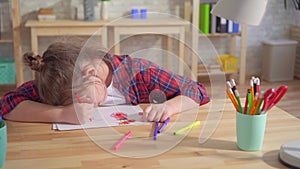 Portrait of a lonely child autism or having mental disorders, draws sitting at a table